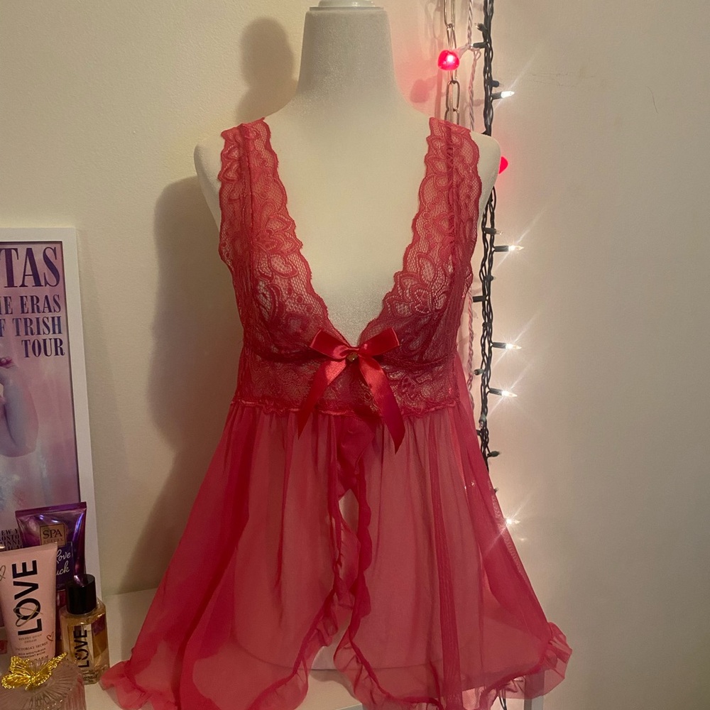Pink Lace & Mesh Babydoll Chemise with Decorative Bow